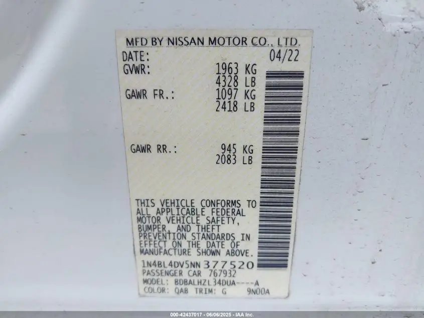 NISSAN ALTIMA 2022 WHITE Photo 18